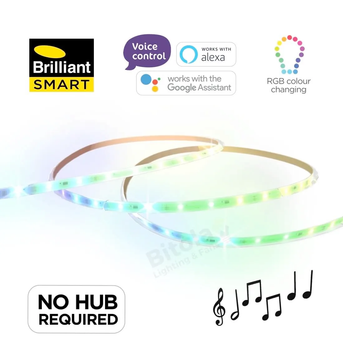 Brilliant Smart WiFi RGB Colour Changing + White Music LED Strip Light - 2, 5 or 10 Metre Roll