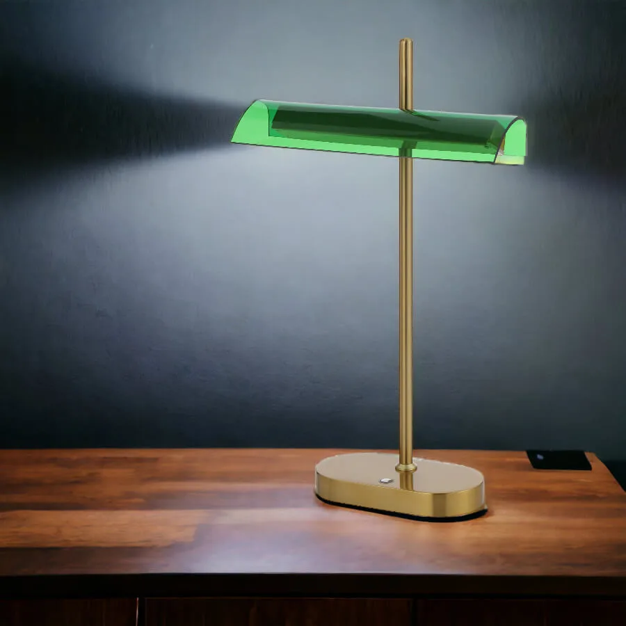 Telbix Lyman Aged Gold / Green Glass LED Banker's Style Touch Table Lamp