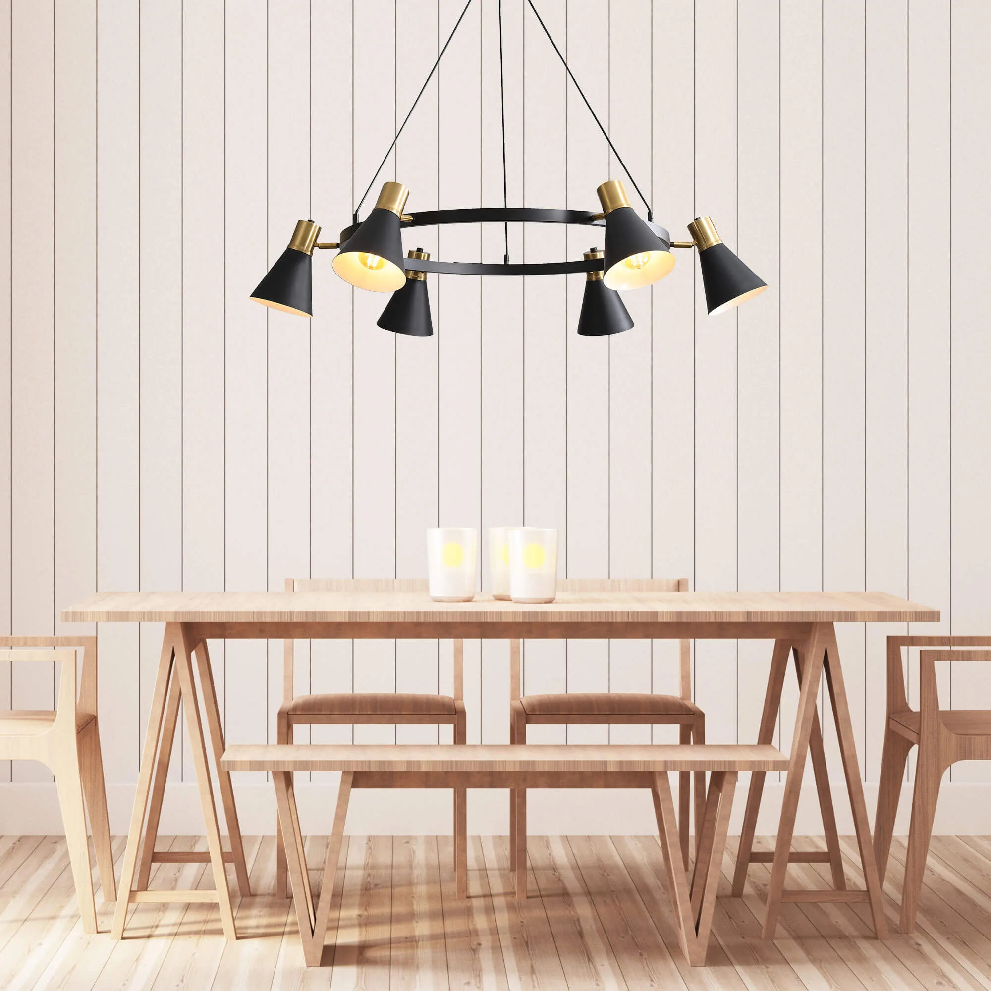 Oriel Norbert 6 Light Round Ceiling Pendant in Black / Satin Brass