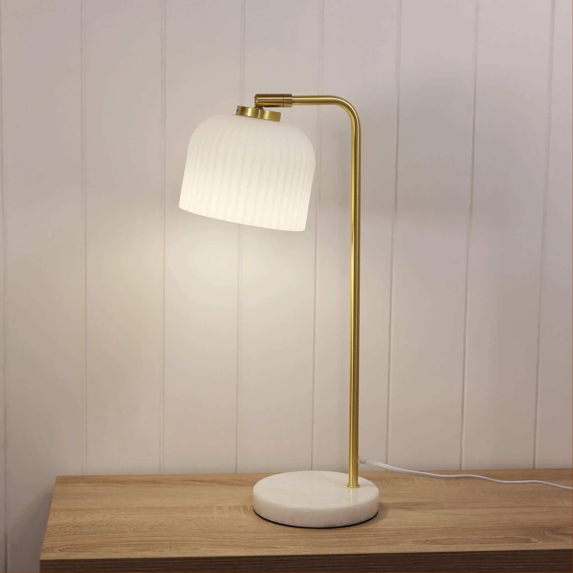 Oriel Charlotte Opal Frosted Ribbed Glass Table Lamp with Marble Base