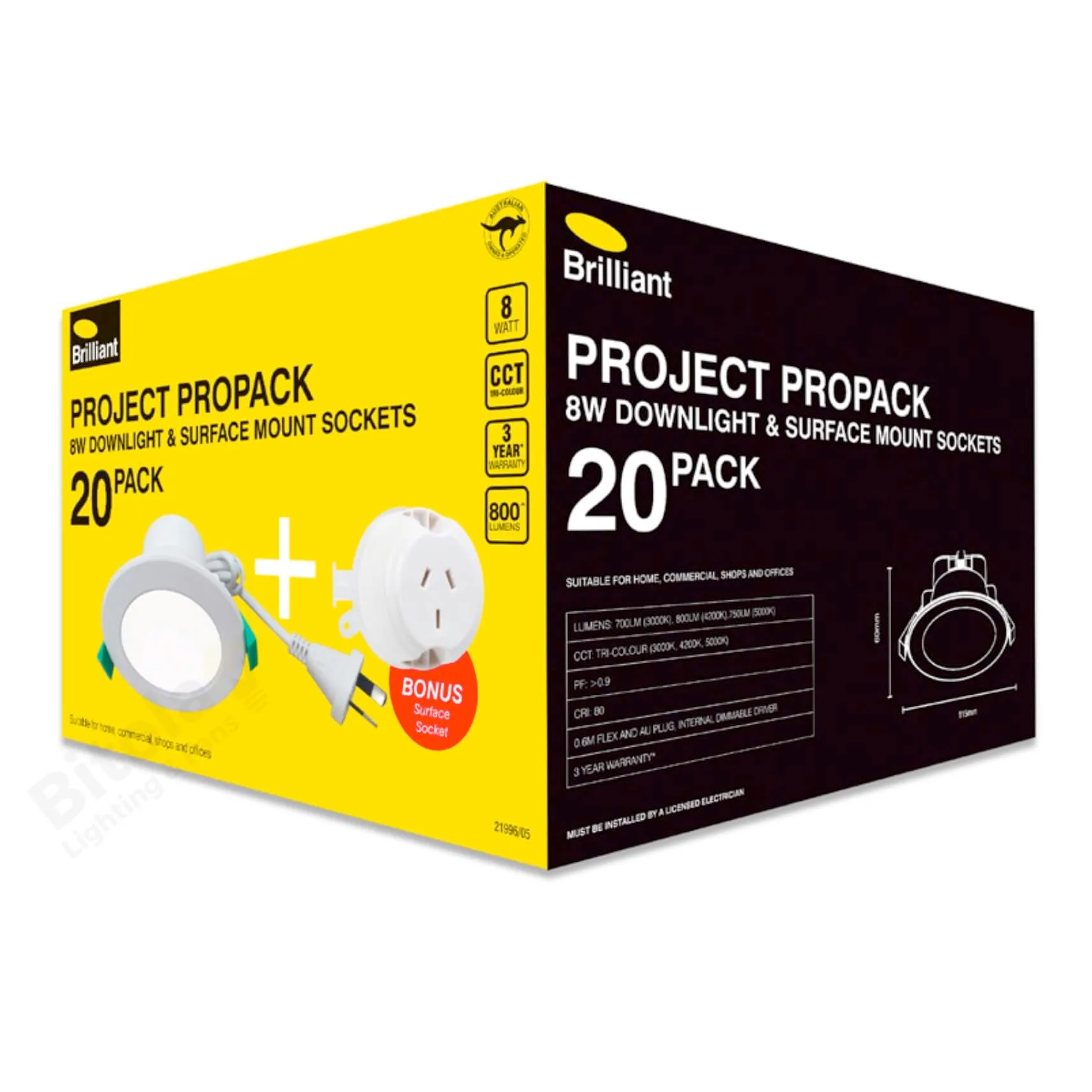Brilliant Project Propack 20 Pack Tri-Colour LED Downlight Kit with Plug Bases