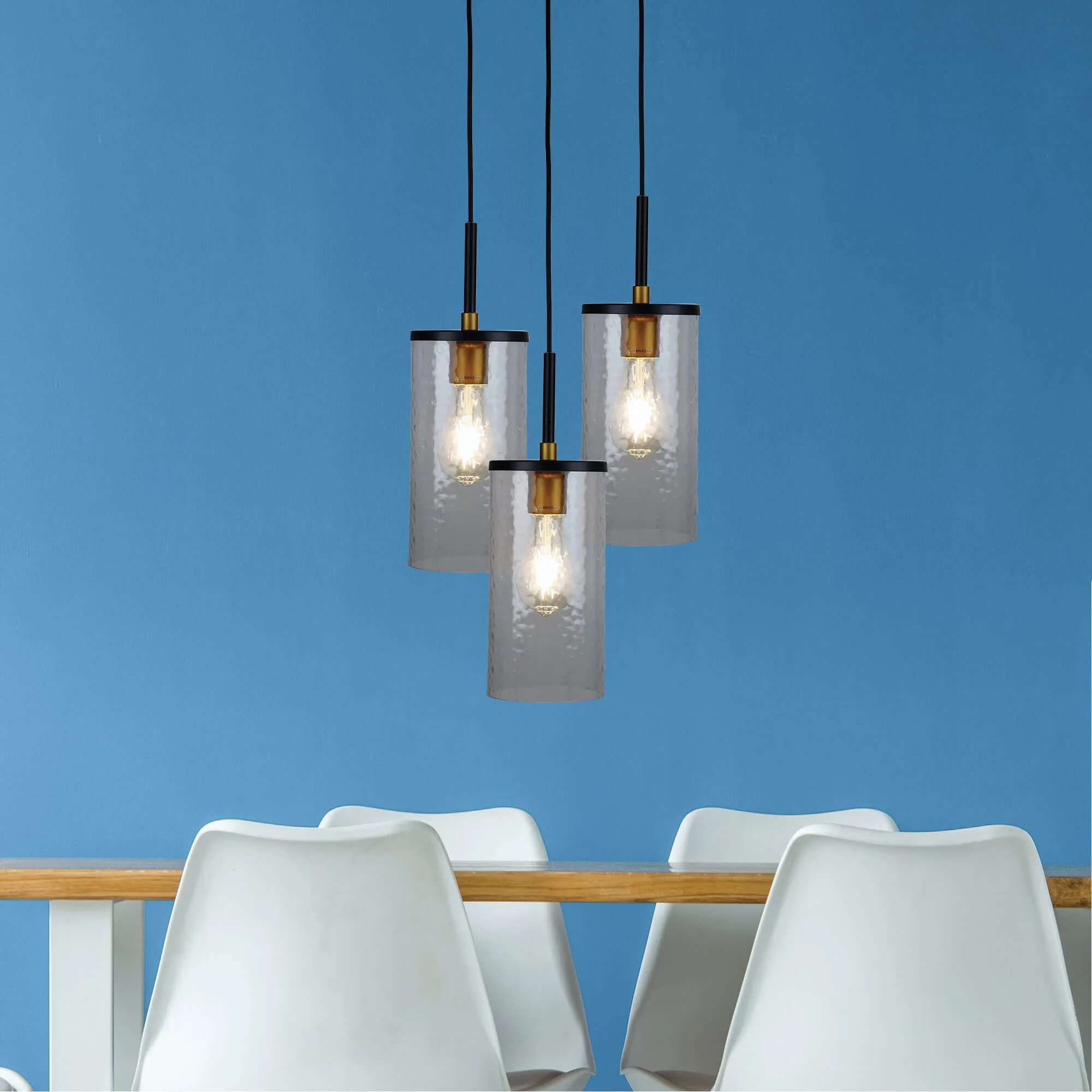 Oriel Raymont 3 Light Ceiling Pendant Black with Aged Brass - Clear Ripple Glass