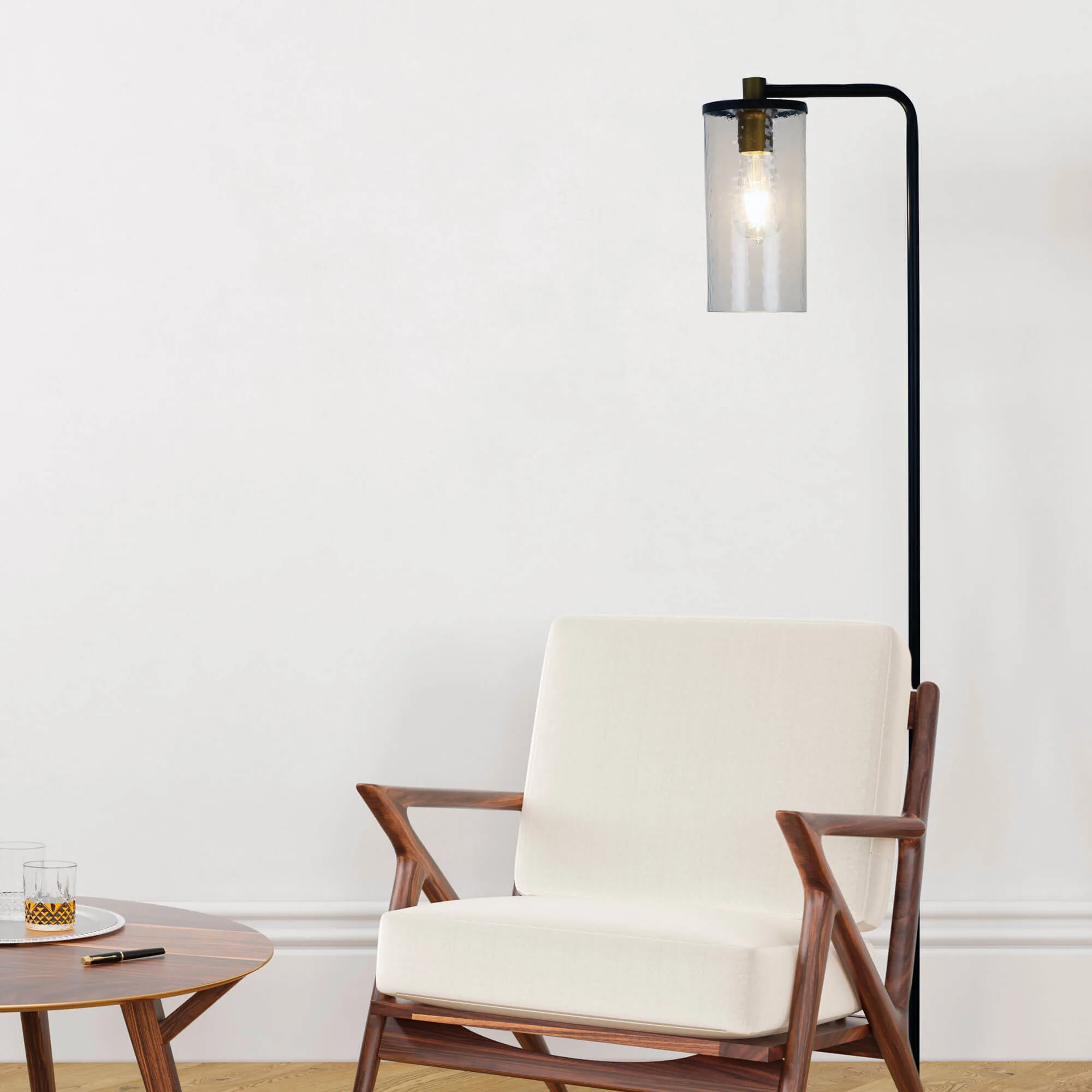 Oriel Raymont Floor Lamp in Black with Aged Brass - Clear Ripple Glass