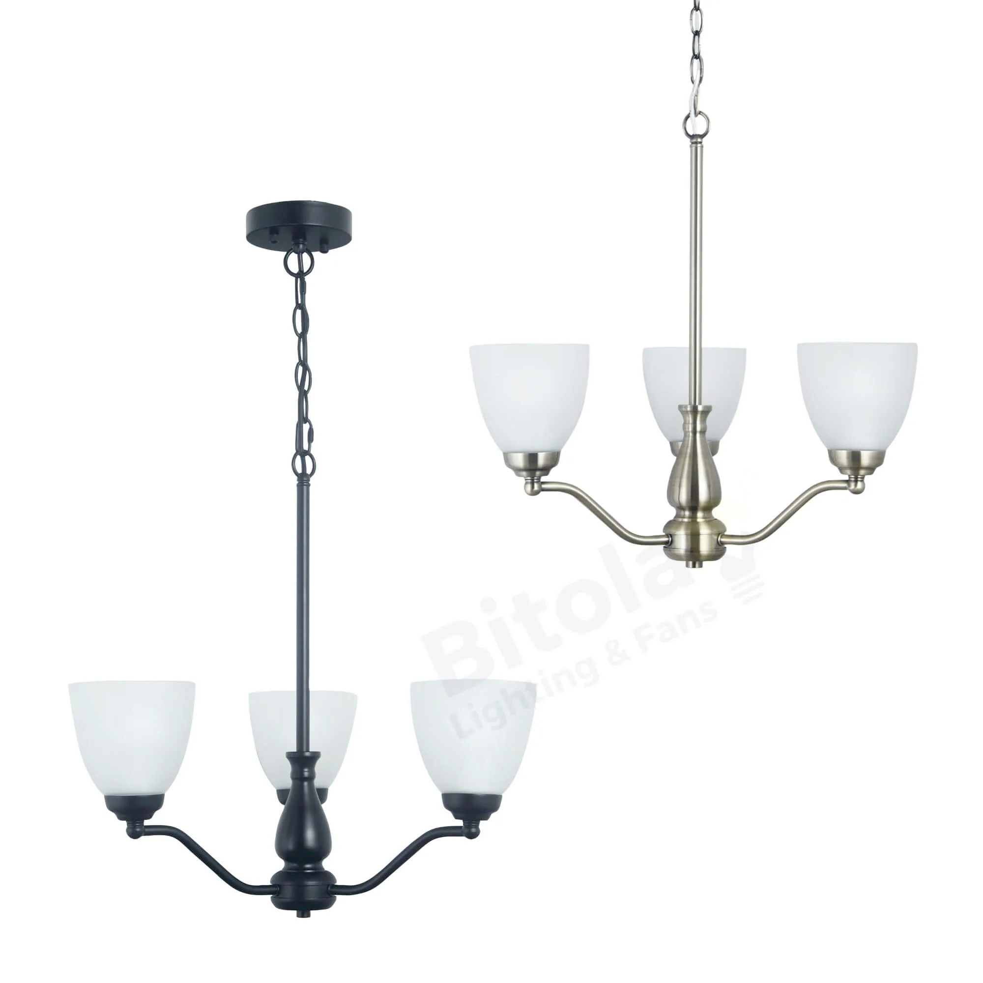 Oriel Rochester 3 Light Ceiling Pendant with Frosted Glass Shades - Black or Antique Brass