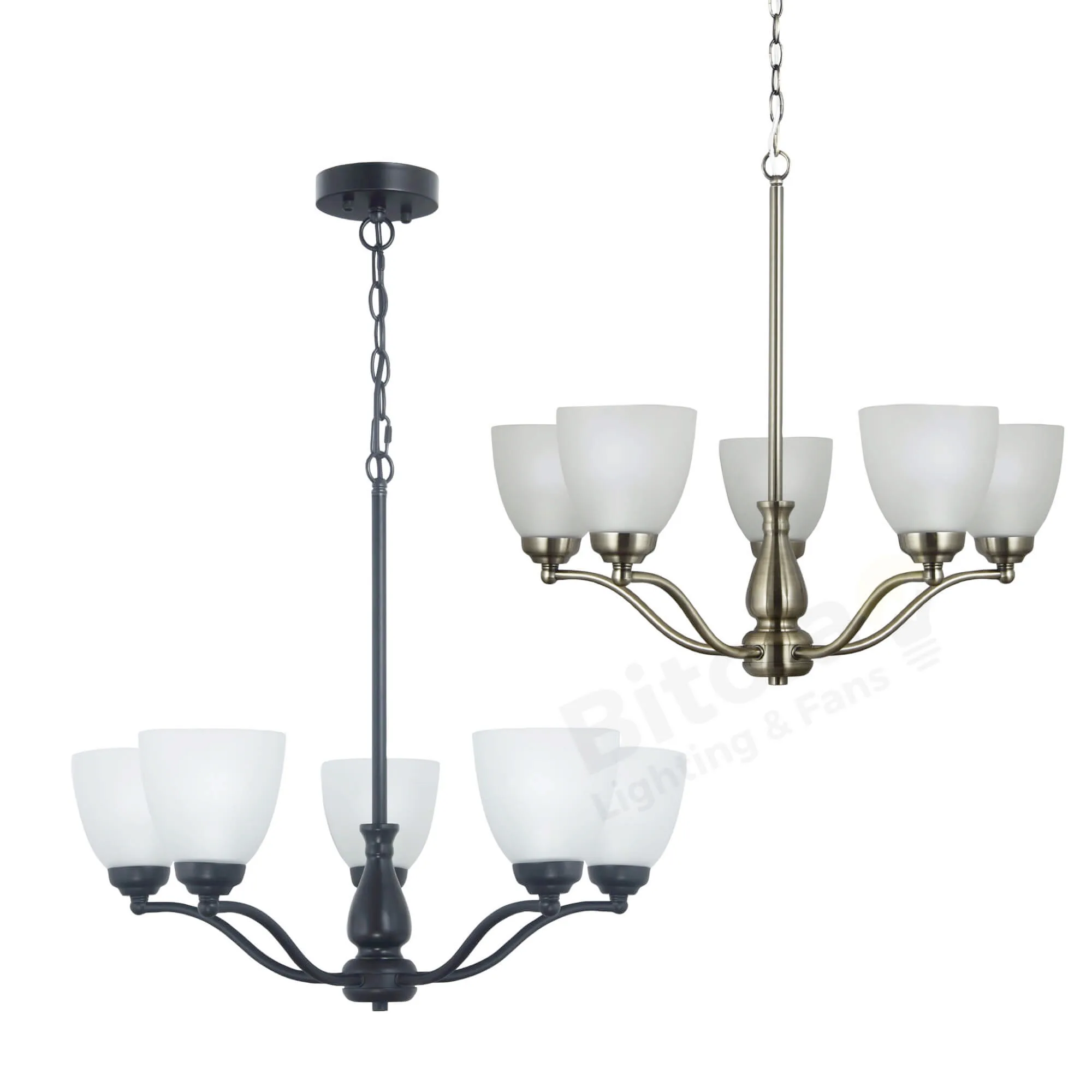Oriel Rochester 5 Light Ceiling Pendant with Frosted Glass Shades - Black or Antique Brass