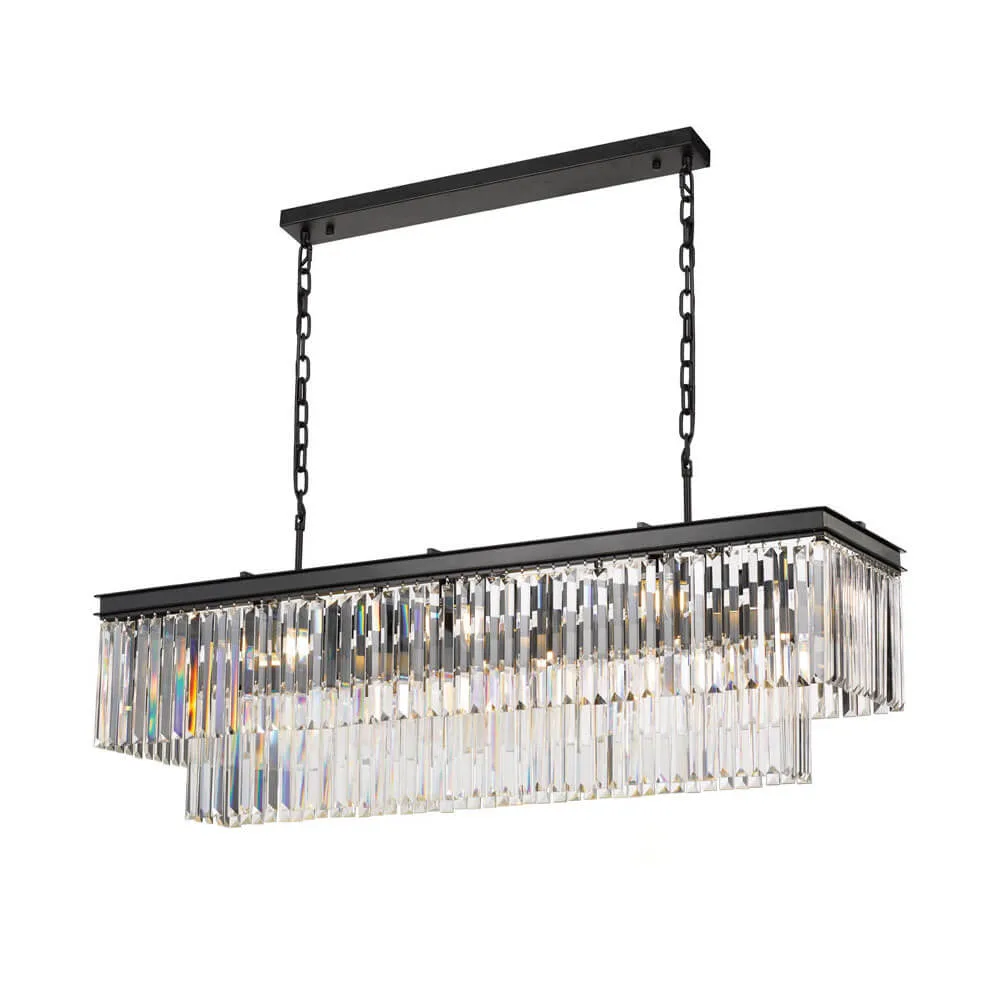 Telbix Serene 13 Light Rectangular Black and Crystal Ceiling Pendant Chandelier
