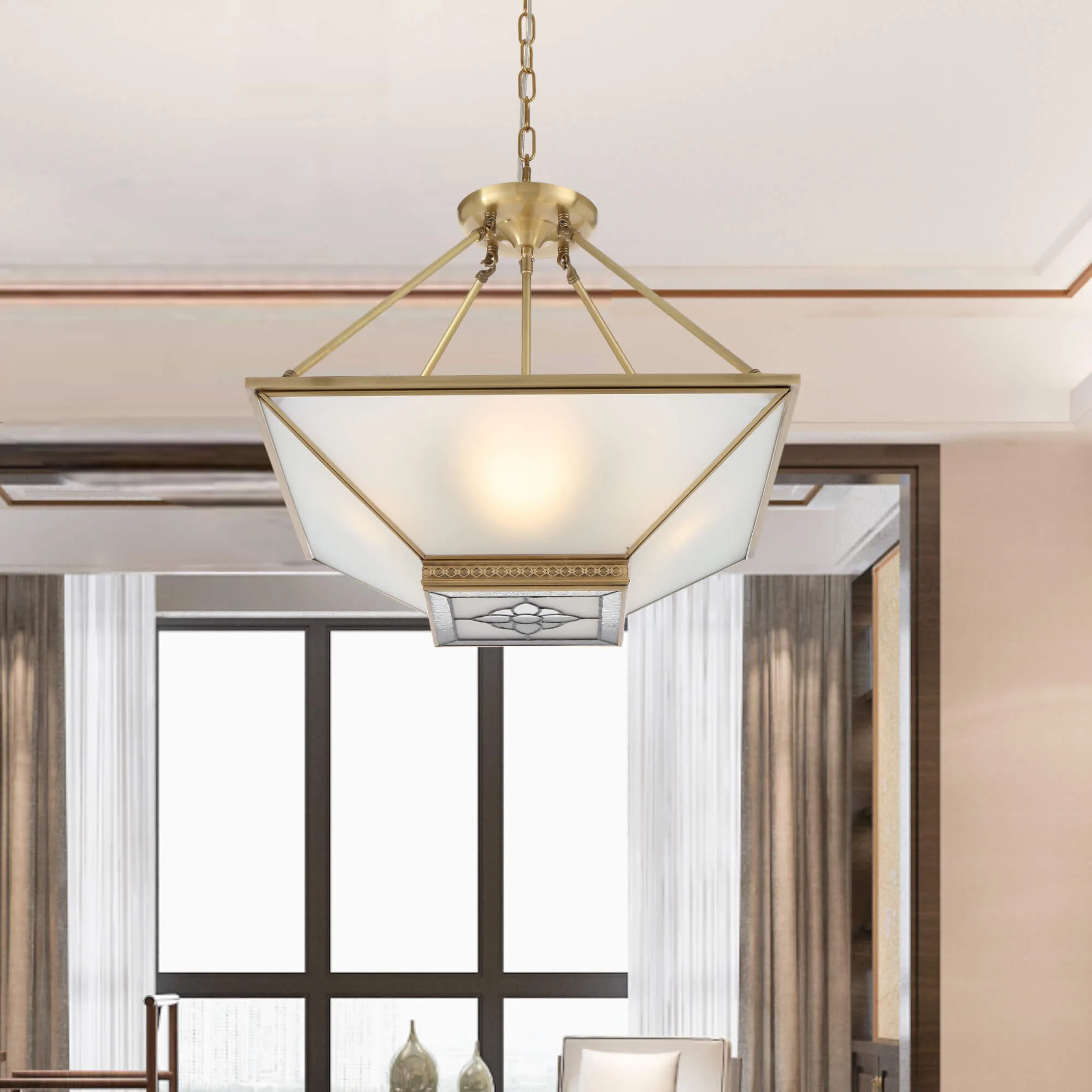 Telbix Bracci Artisan Brass CTC Ceiling Pendant Light with Leaded Glass
