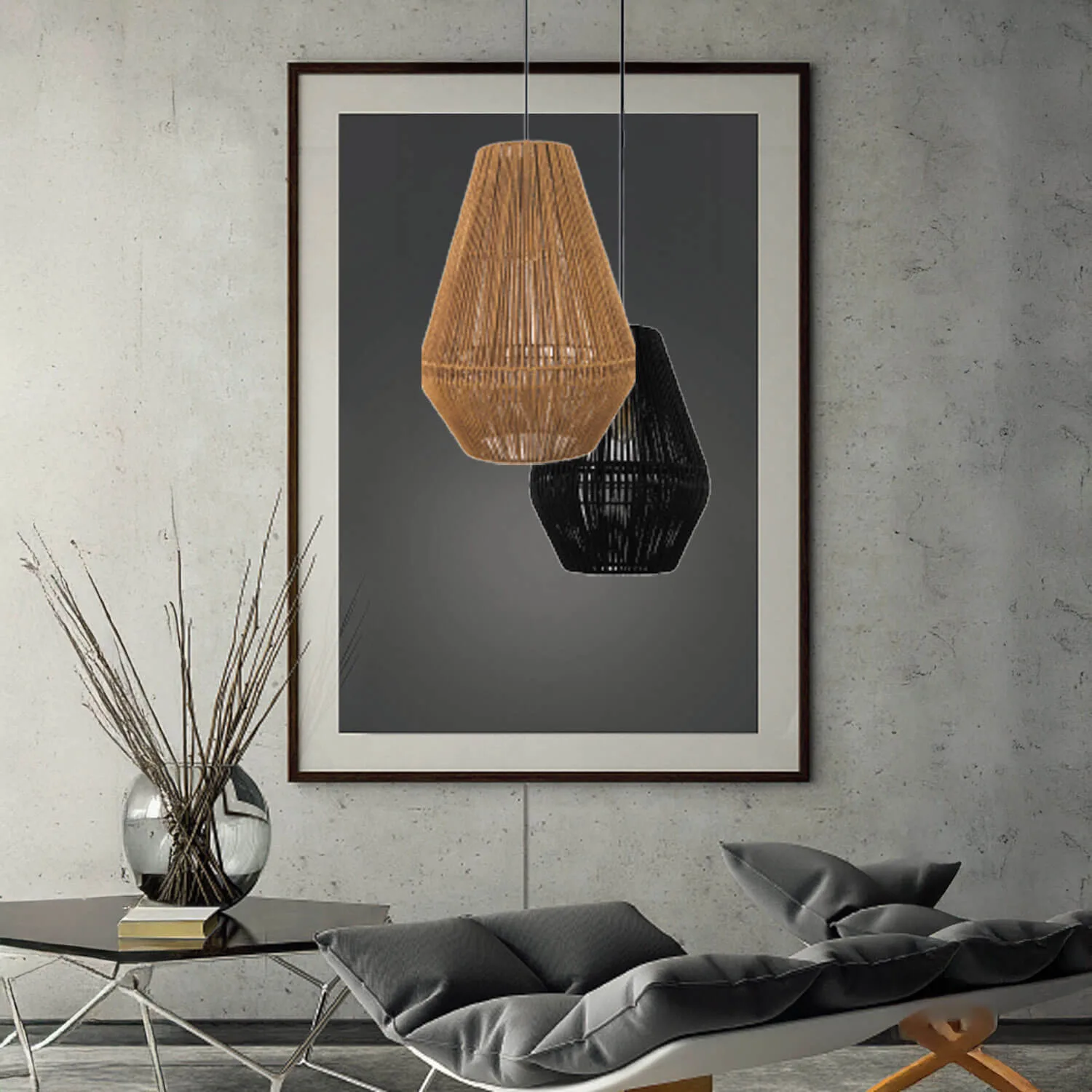 Domus Carter Large 1 Light Ceiling Pendant in Black or Natural - Rope Design