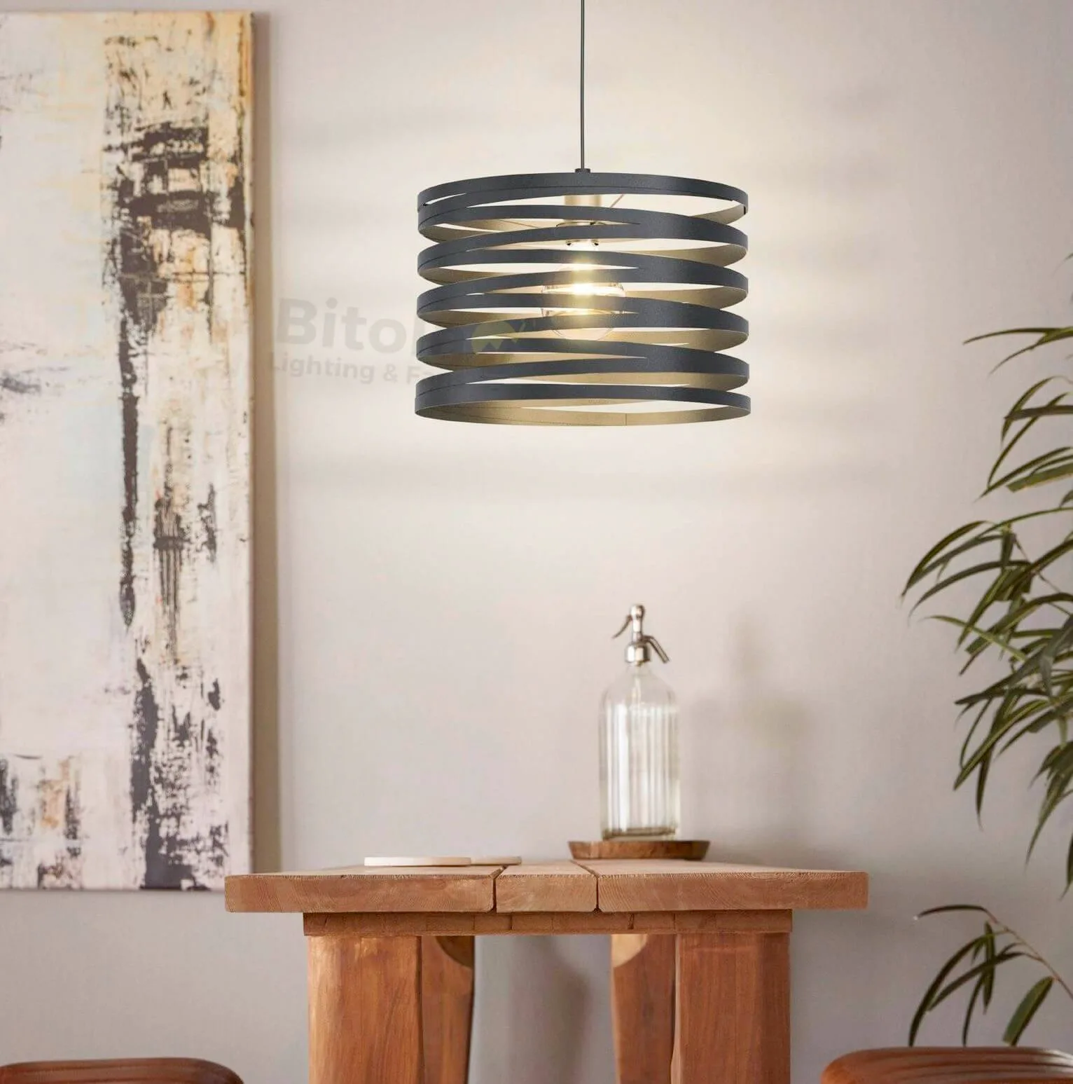 Eglo Cremella Large 1 Light Black Steel Spiral Ceiling Pendant