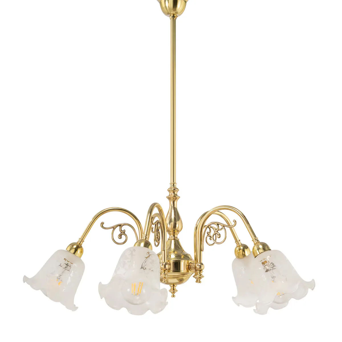 Lighting Inspirations Victoriana 5 Light Pendant Polished Brass with 5008 29mm Frost Etched Shades