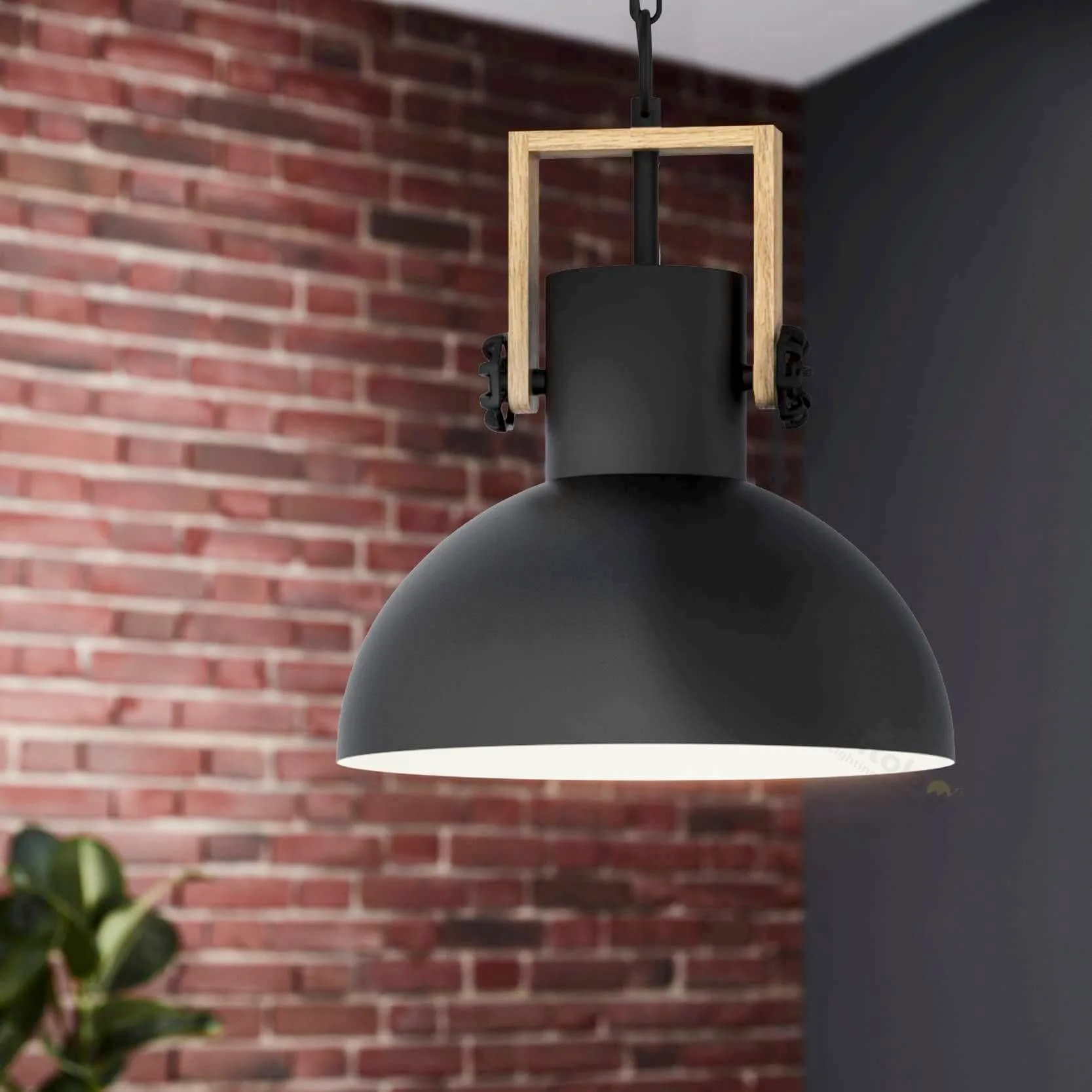 Eglo Lubenham 1 Light Ceiling Pendant - Black with Timber