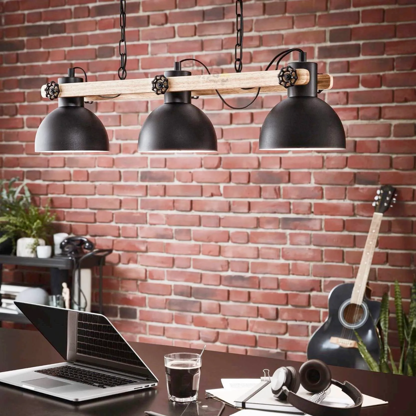 Eglo Lubenham 3 Light Bar Ceiling Pendant - Black with Timber